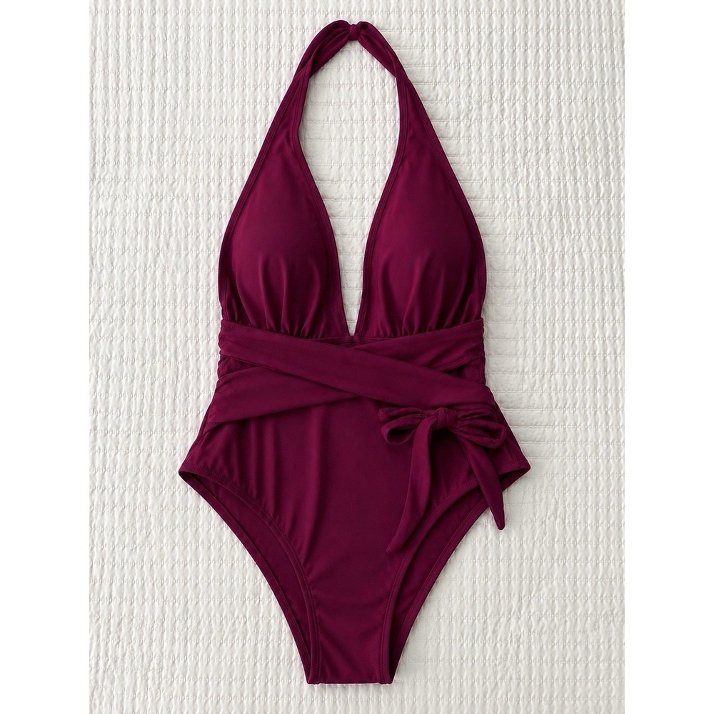 Cupshe XL Berry Plunge V Neck One Piece Swimsuit Wrap Tie Crisscross Back‎ NWT